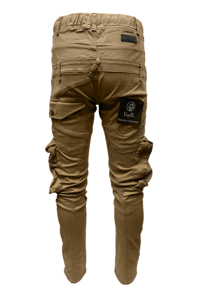 Vialli Joey Khaki Comfort Stretch Cargo Pants with Zip Pockets and Drawstrings