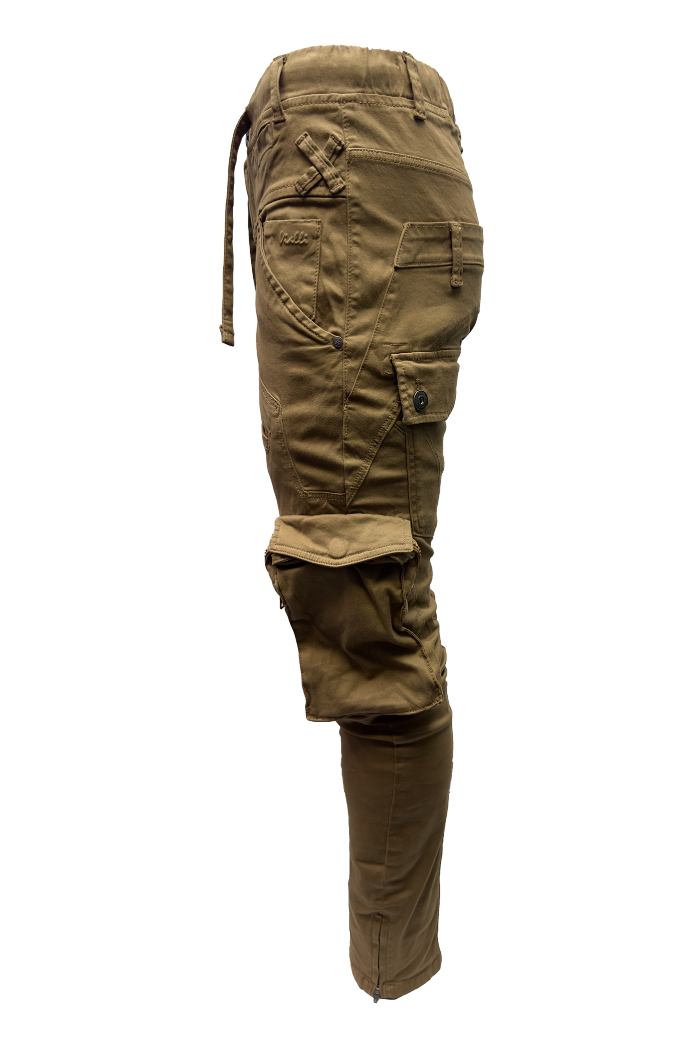 Vialli Joey Khaki Comfort Stretch Cargo Pants with Zip Pockets and Drawstrings