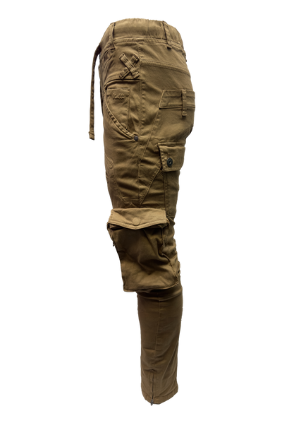 Vialli Joey Khaki Comfort Stretch Cargo Pants with Zip Pockets and Drawstrings