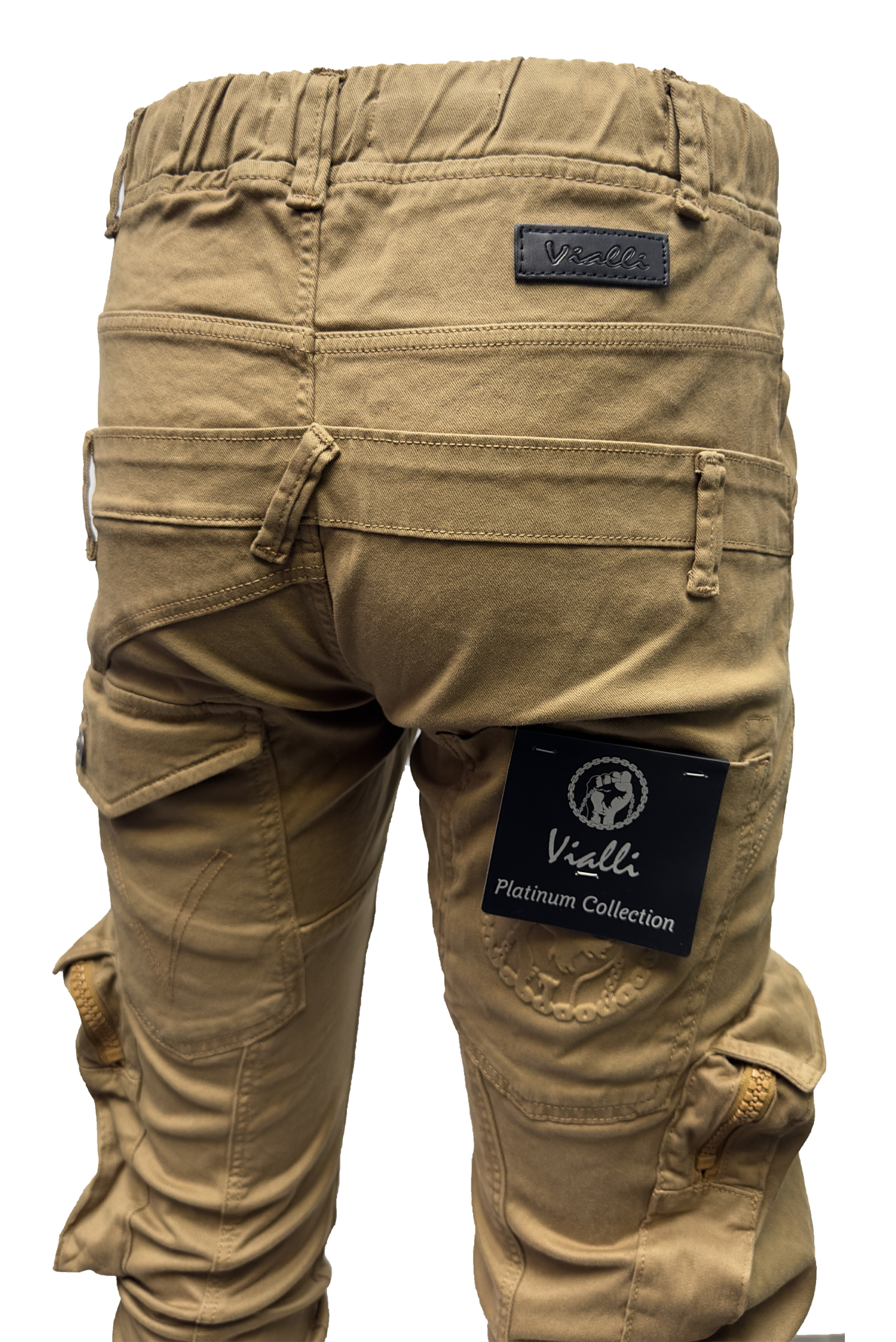 Vialli Joey Khaki Comfort Stretch Cargo Pants with Zip Pockets and Drawstrings