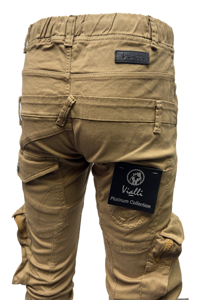 Vialli Joey Khaki Comfort Stretch Cargo Pants with Zip Pockets and Drawstrings