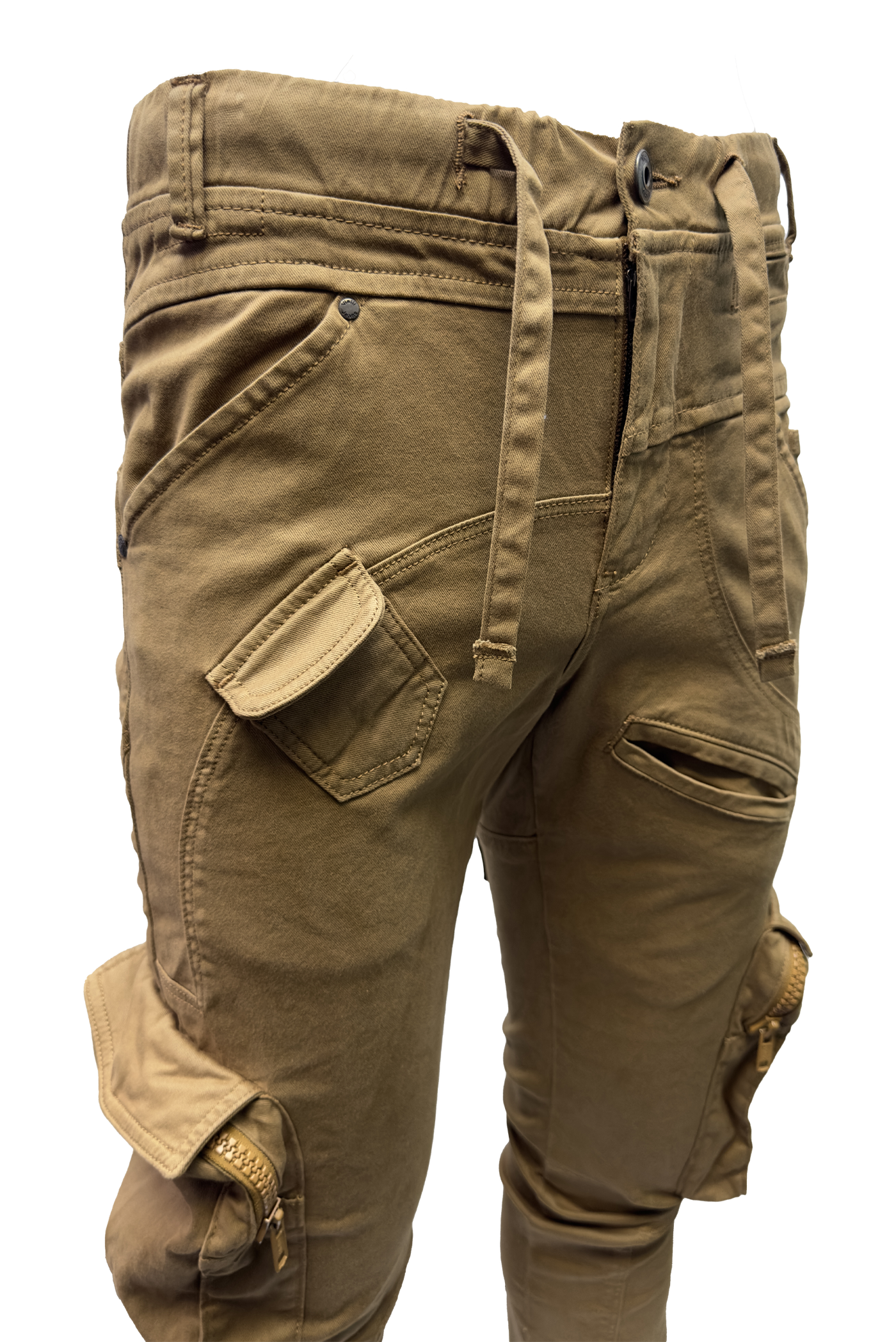 Vialli Joey Khaki Comfort Stretch Cargo Pants with Zip Pockets and Drawstrings