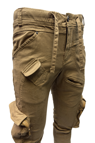Vialli Joey Khaki Comfort Stretch Cargo Pants with Zip Pockets and Drawstrings