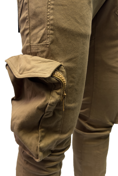 Vialli Joey Khaki Comfort Stretch Cargo Pants with Zip Pockets and Drawstrings