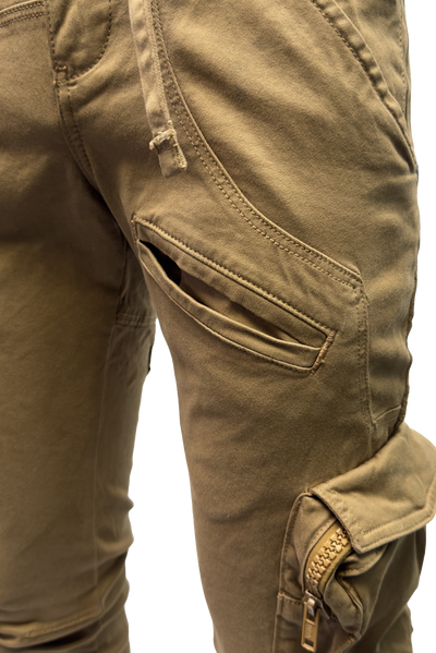 Vialli Joey Khaki Comfort Stretch Cargo Pants with Zip Pockets and Drawstrings