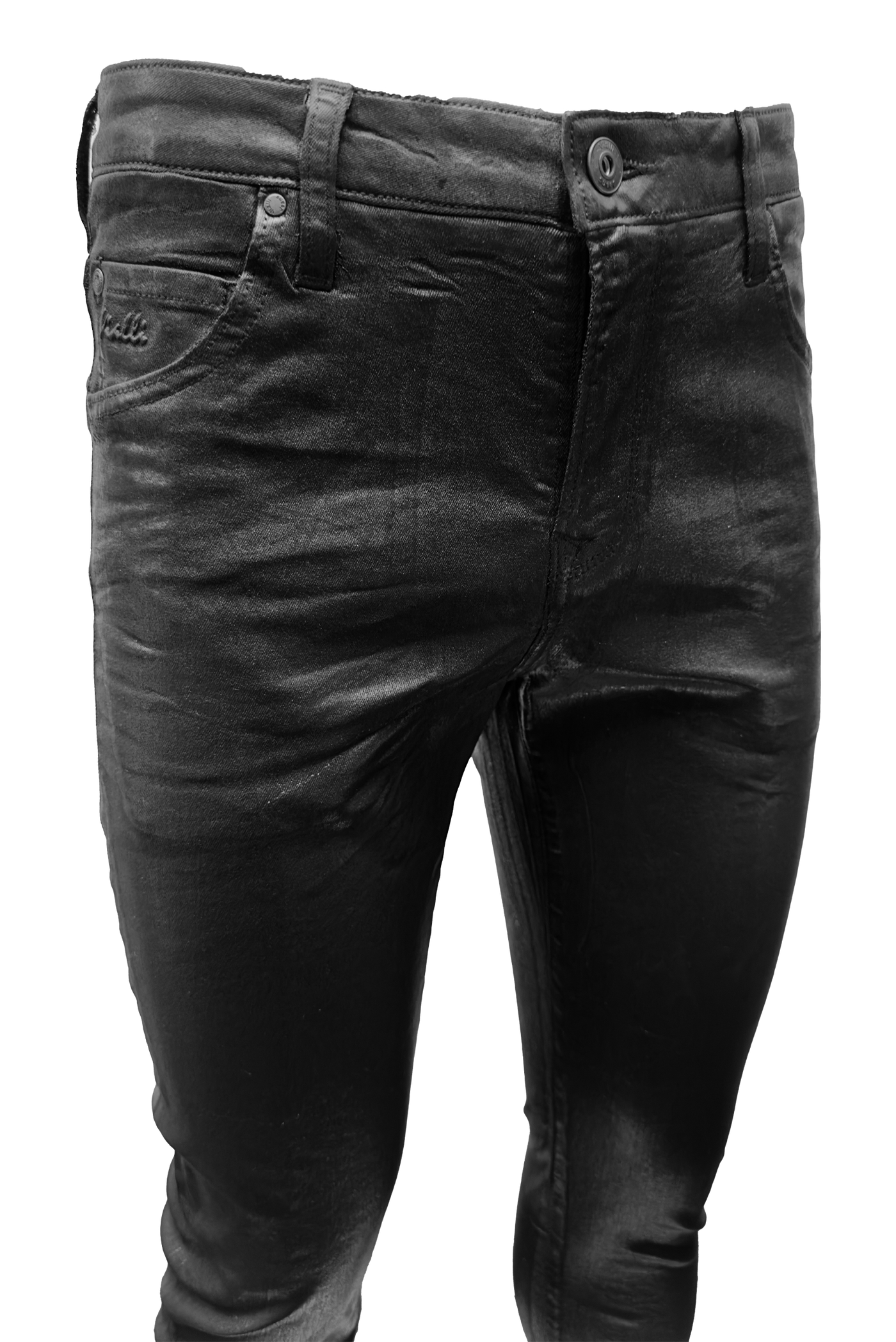 Vialli Jelly Wax Ultra-Fit Jeans: Sleek Black Coated Denim for Men