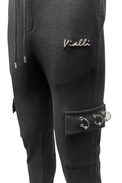 Vialli Klinab Men's Black Track Pants with Drawstring and Zip Pockets