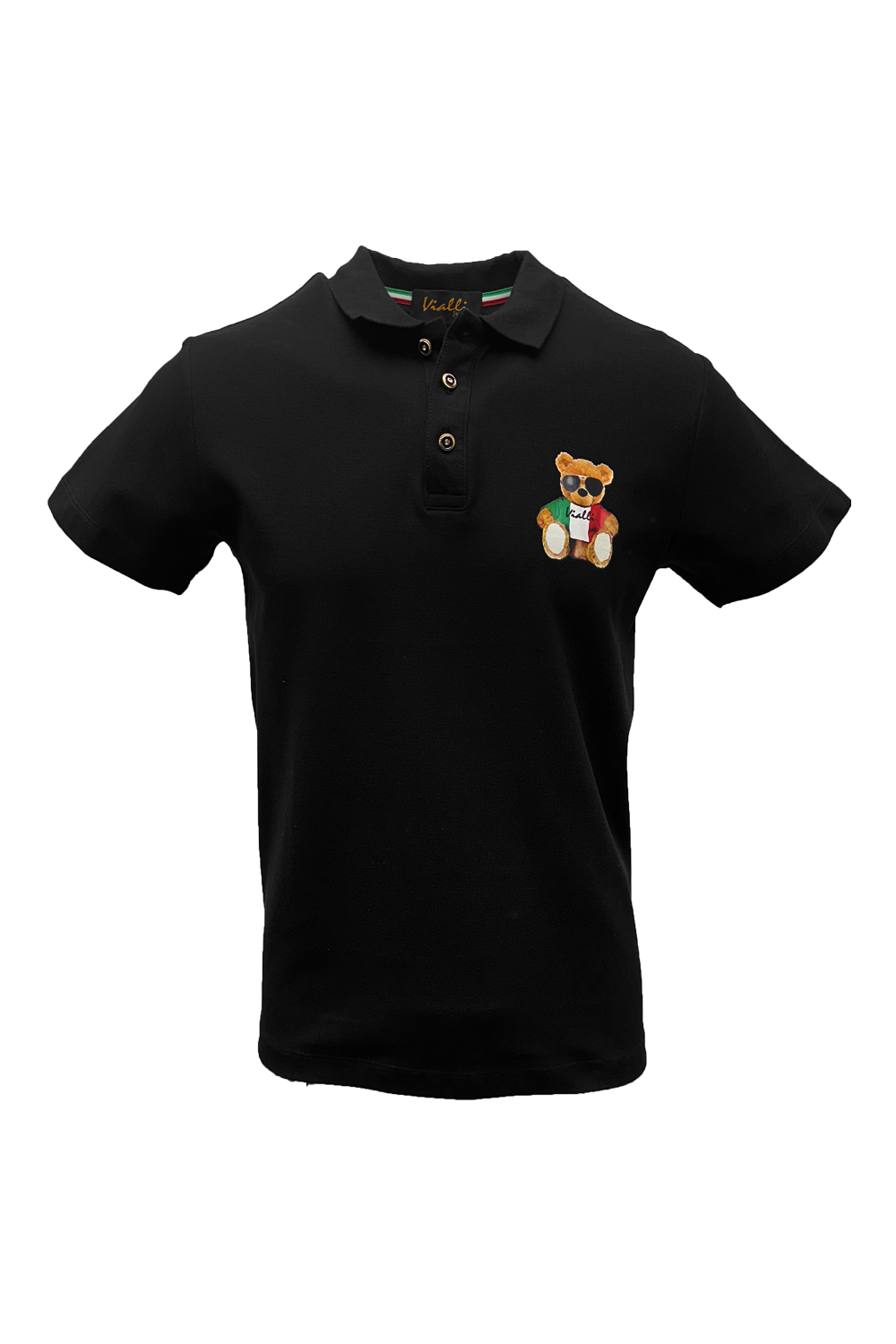 Vialli Kresta Premium Black Cotton Collared Button-Down Golfer with Teddy Emblem