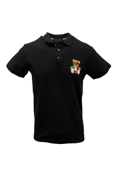 Vialli Kresta Premium Black Cotton Collared Button-Down Golfer with Teddy Emblem