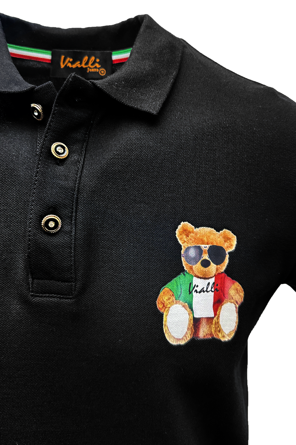 Vialli Kresta Premium Black Cotton Collared Button-Down Golfer with Teddy Emblem