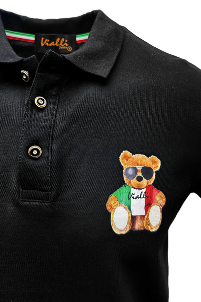 Vialli Kresta Premium Black Cotton Collared Button-Down Golfer with Teddy Emblem