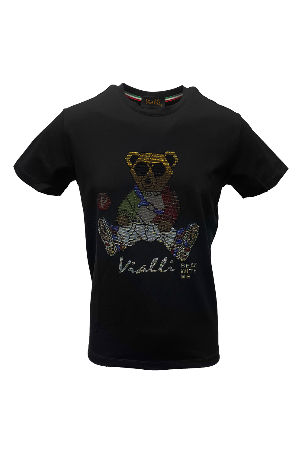 Vialli Kwaito Black T-Shirt: Studded Diamante Bear Design, Cotton Spandex Blend