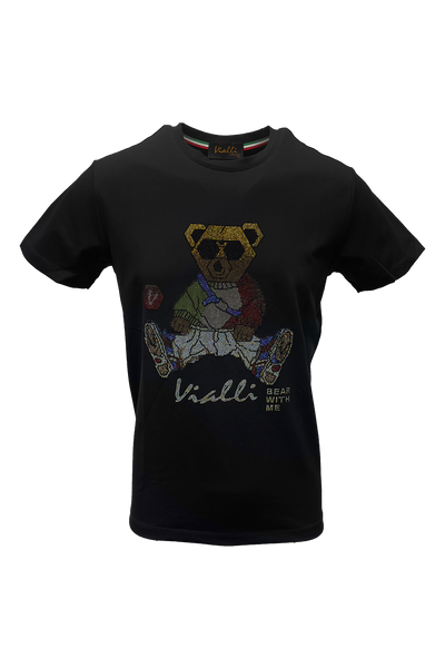 Vialli Kwaito Black T-Shirt: Studded Diamante Bear Design, Cotton Spandex Blend