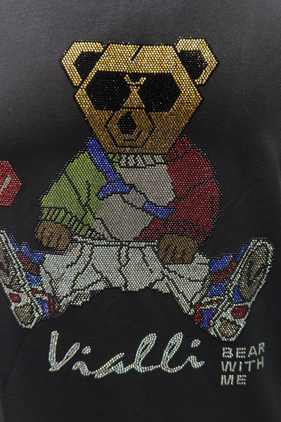 Vialli Kwaito Black T-Shirt: Studded Diamante Bear Design, Cotton Spandex Blend