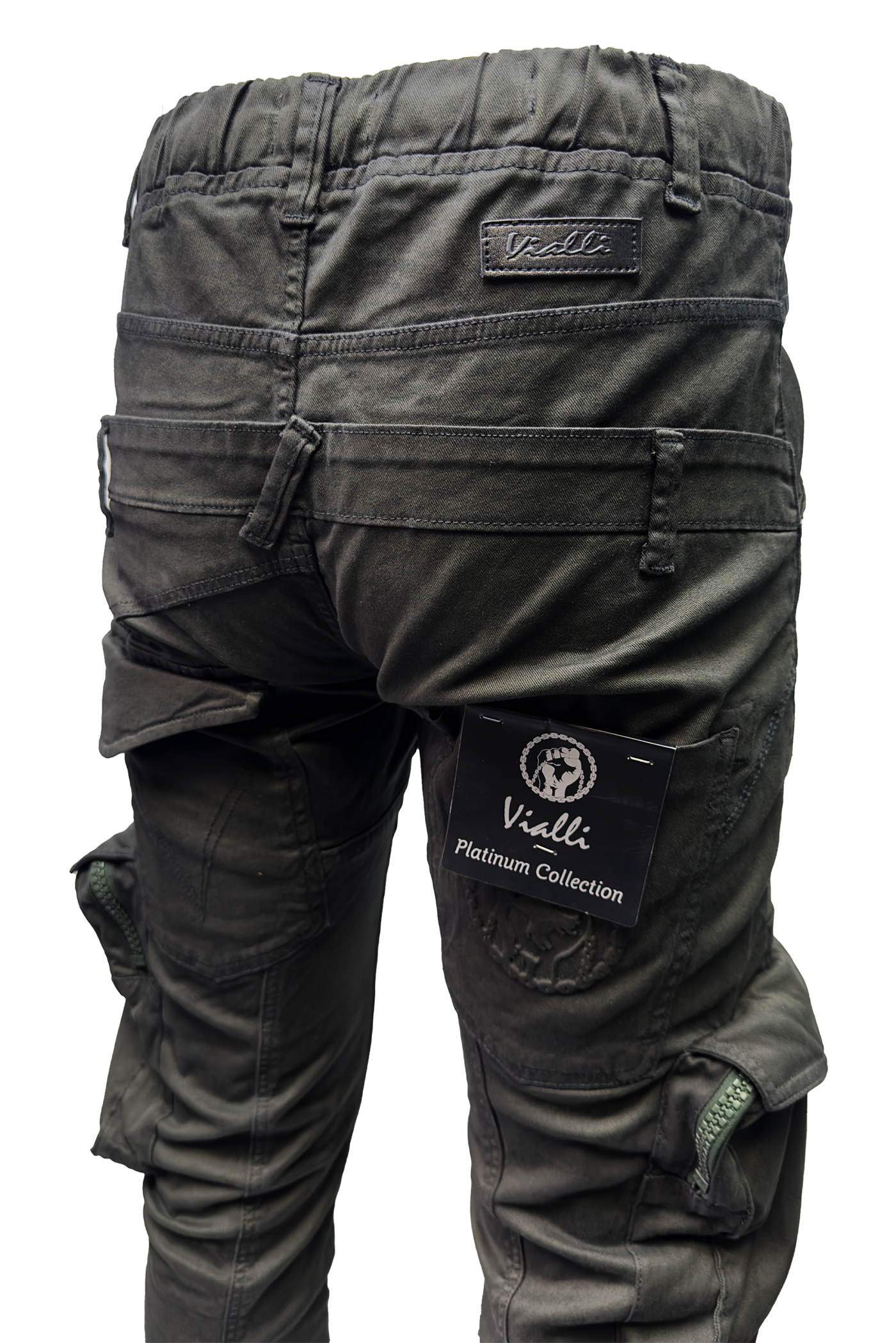 Vialli Men's Joey Olive Cargo Pants with Multi-Pockets and Zip-Fly