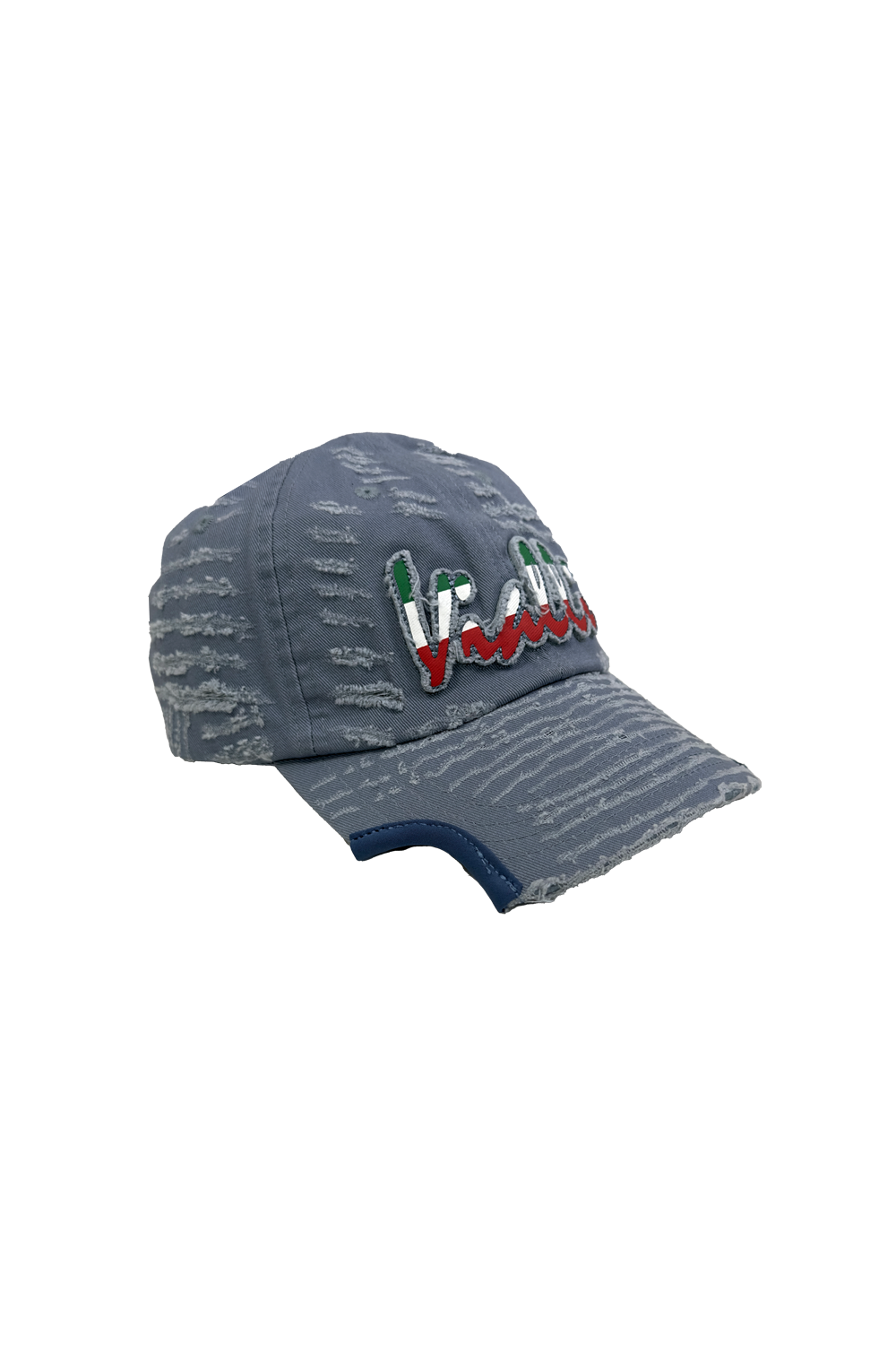 Vialli Fixation Cap: Distressed Denim Blue Cotton with Embroidered Details