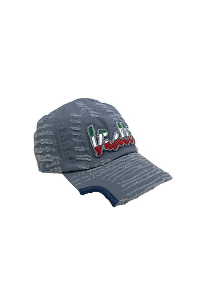 Vialli Fixation Cap: Distressed Denim Blue Cotton with Embroidered Details