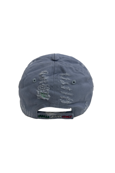 Vialli Fixation Cap: Distressed Denim Blue Cotton with Embroidered Details