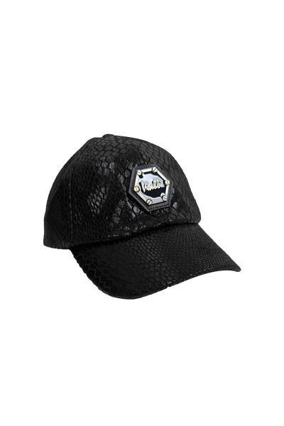 Vialli Gatter Cap: Stylish Black Faux Snake Skin with Hexagonal Logo