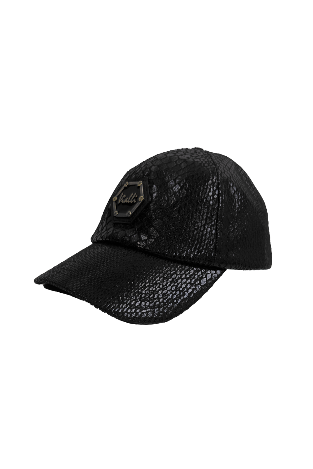 Vialli Gatter Cap: Stylish Black Faux Snake Skin with Hexagonal Logo
