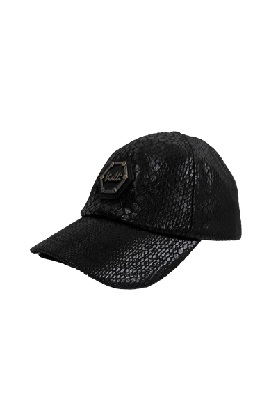 Vialli Gatter Cap: Stylish Black Faux Snake Skin with Hexagonal Logo