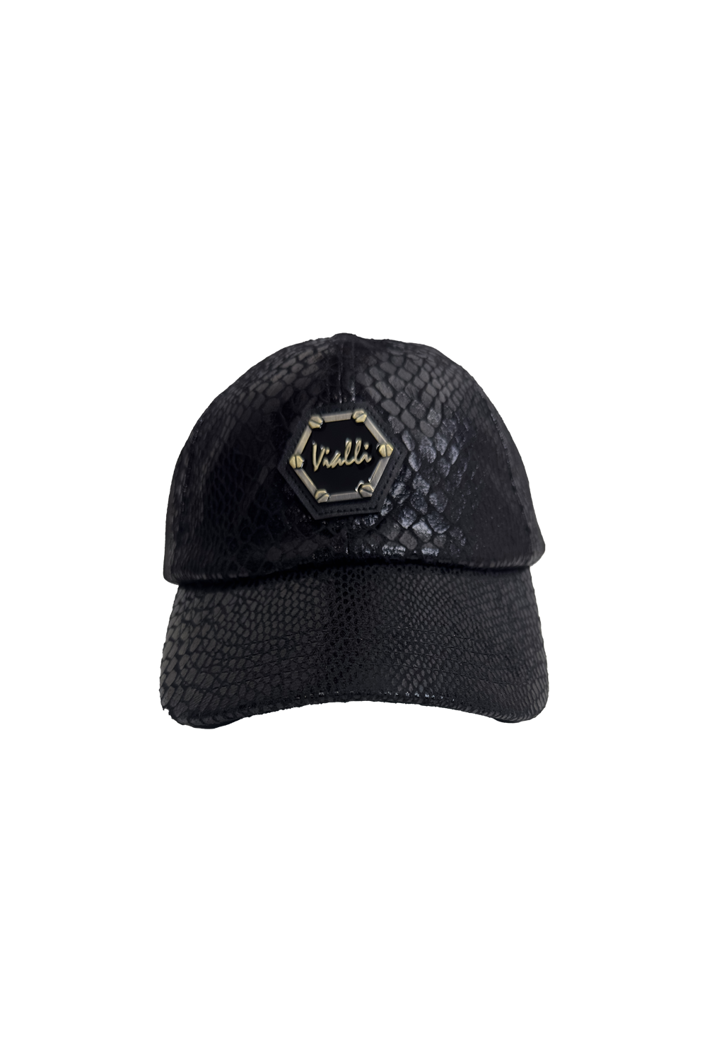 Vialli Gatter Cap: Stylish Black Faux Snake Skin with Hexagonal Logo
