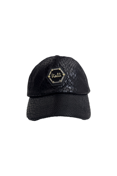 Vialli Gatter Cap: Stylish Black Faux Snake Skin with Hexagonal Logo