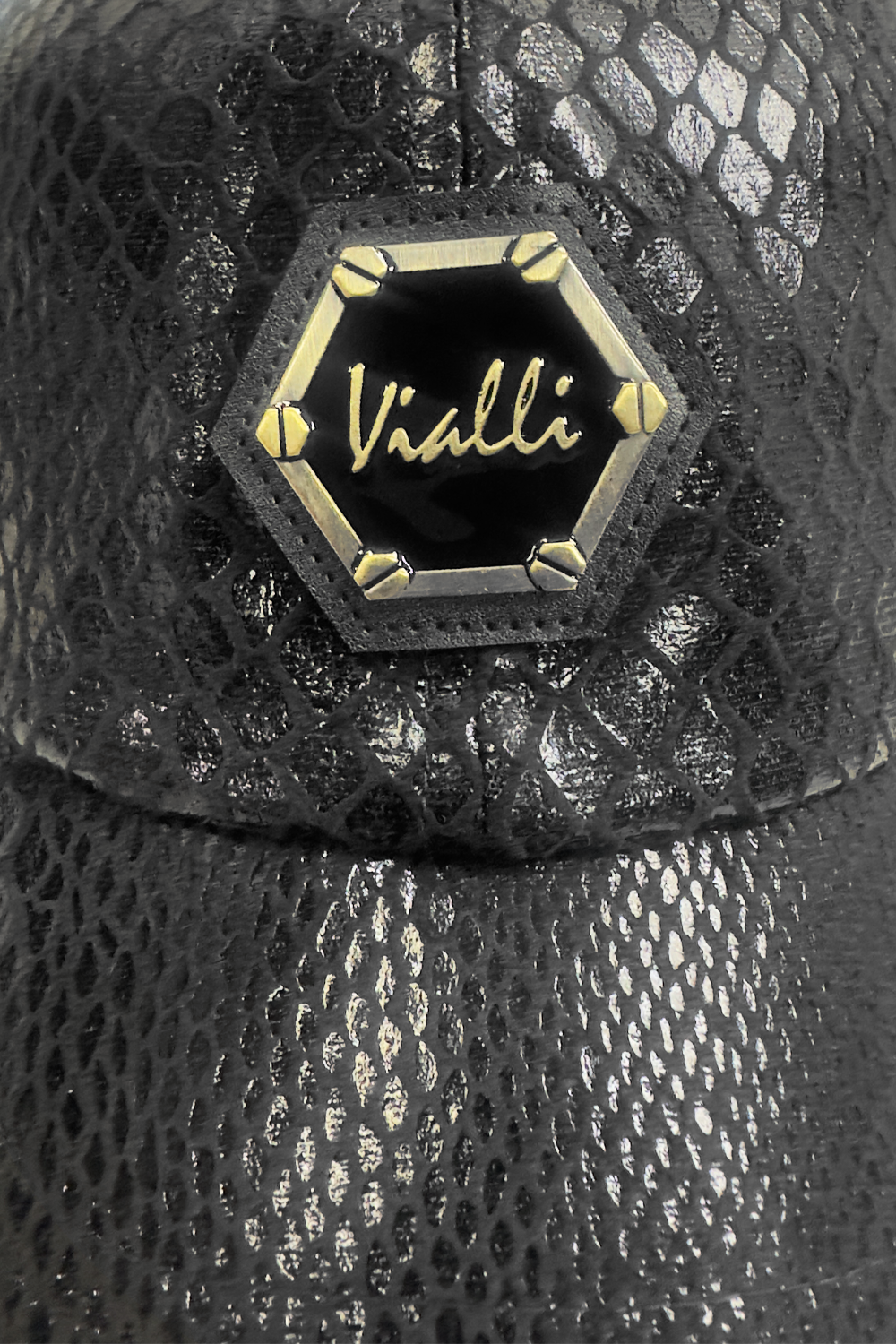 Vialli Gatter Cap: Stylish Black Faux Snake Skin with Hexagonal Logo