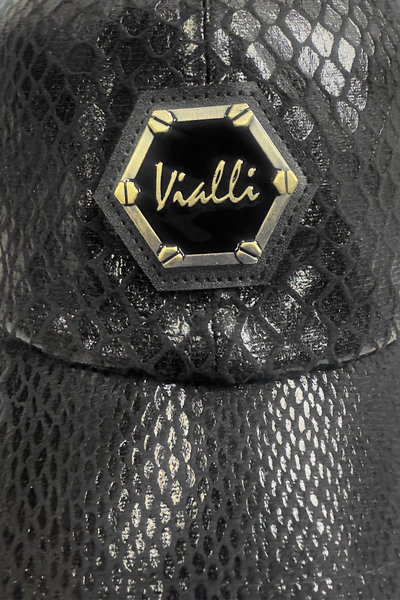Vialli Gatter Cap: Stylish Black Faux Snake Skin with Hexagonal Logo