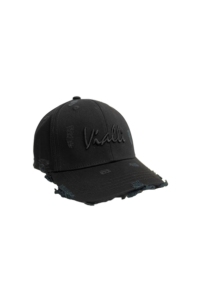 Vialli Grinded Black Cotton Cap: Distressed Style with Embroidered Logo