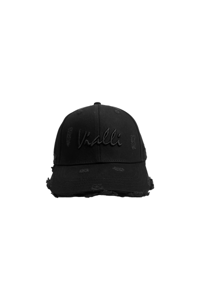 Vialli Grinded Black Cotton Cap: Distressed Style with Embroidered Logo