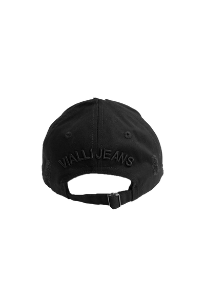Vialli Grinded Black Cotton Cap: Distressed Style with Embroidered Logo