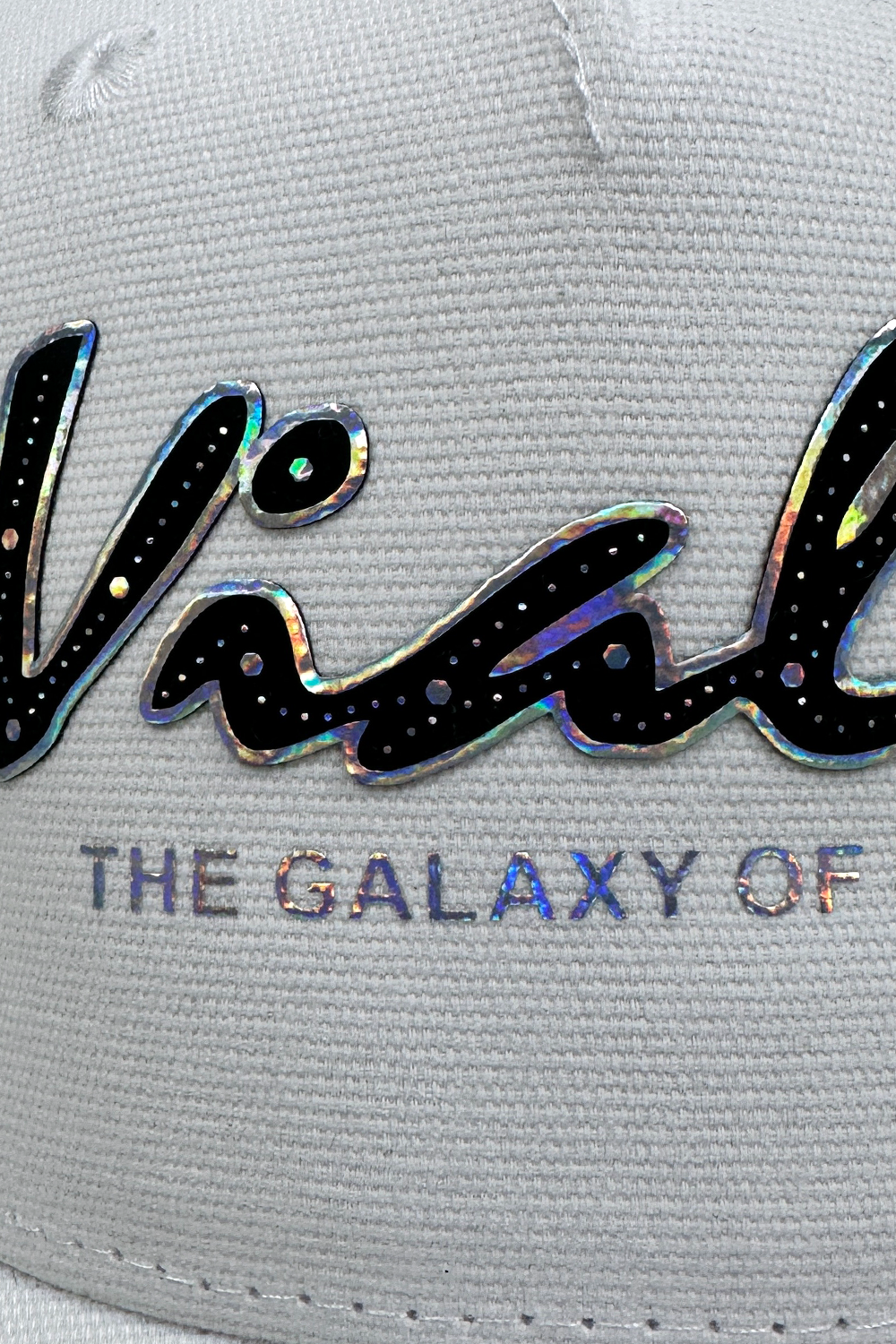 Vialli Infinity Cap: Premium White Cotton, Rainbow Foil Graphic, Breathable Design