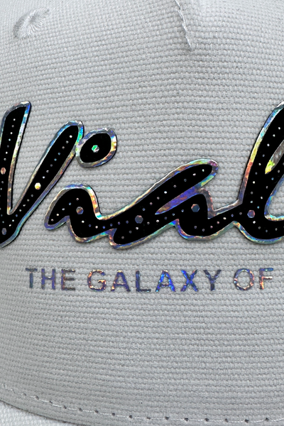 Vialli Infinity Cap: Premium White Cotton, Rainbow Foil Graphic, Breathable Design