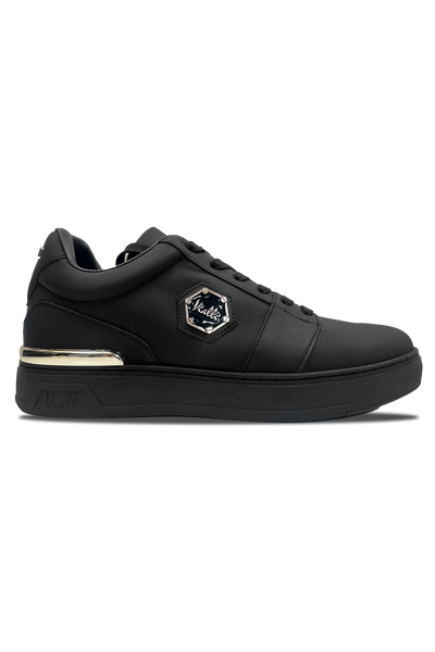 Vialli Sylla Black Low-Cut Lace-Up Sneaker with Hexagonal Undersole and Gold Accents