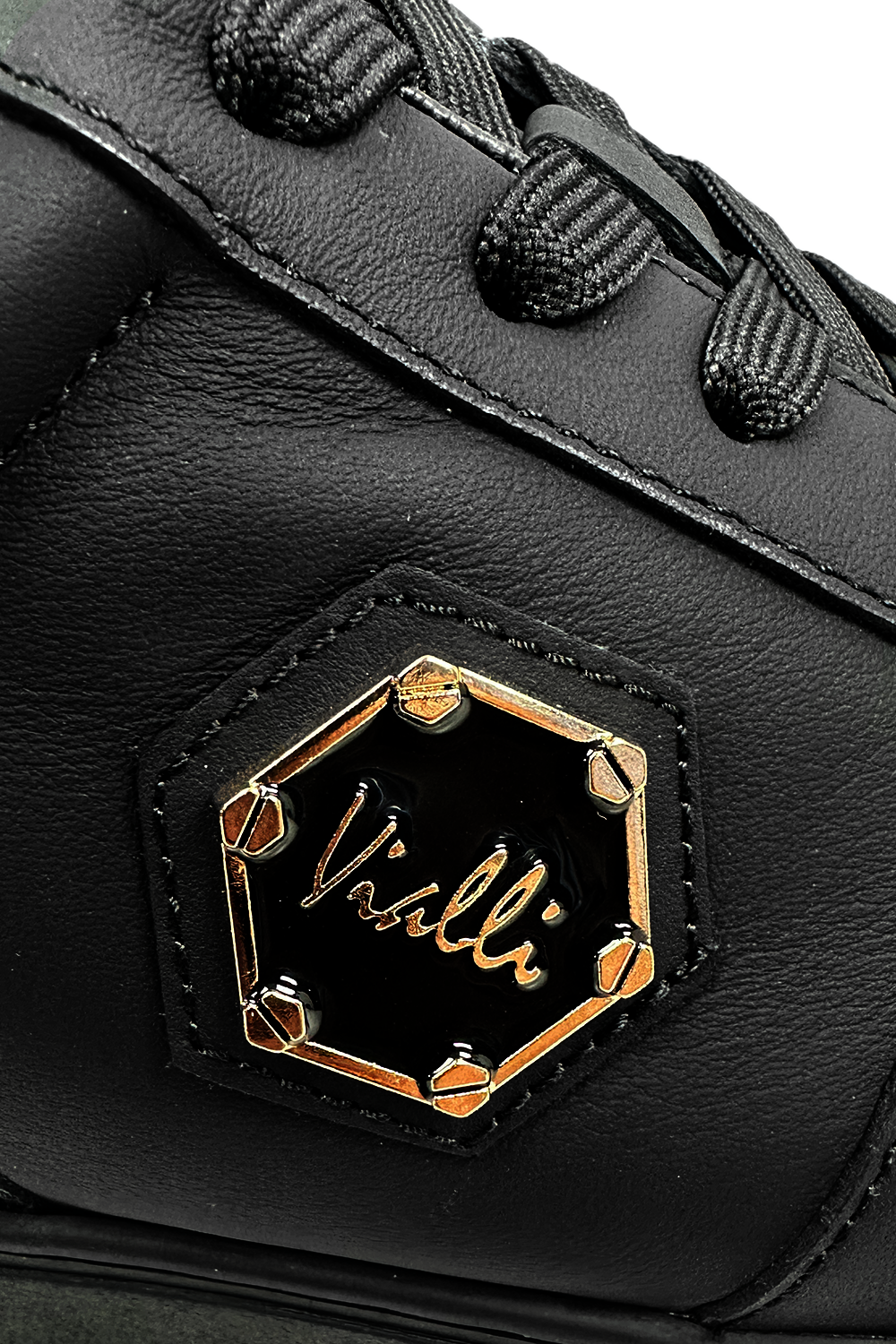 Vialli Sylla Black Low-Cut Lace-Up Sneaker with Hexagonal Undersole and Gold Accents