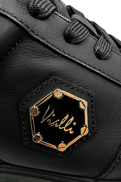 Vialli Sylla Black Low-Cut Lace-Up Sneaker with Hexagonal Undersole and Gold Accents