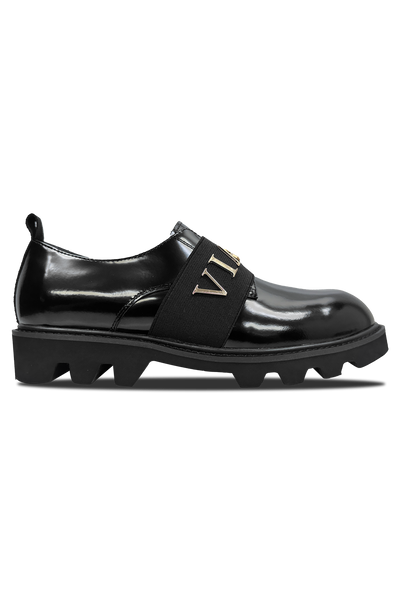 Vialli Uscita Men's Black Glossy Dress Sneakers with Gold Accents