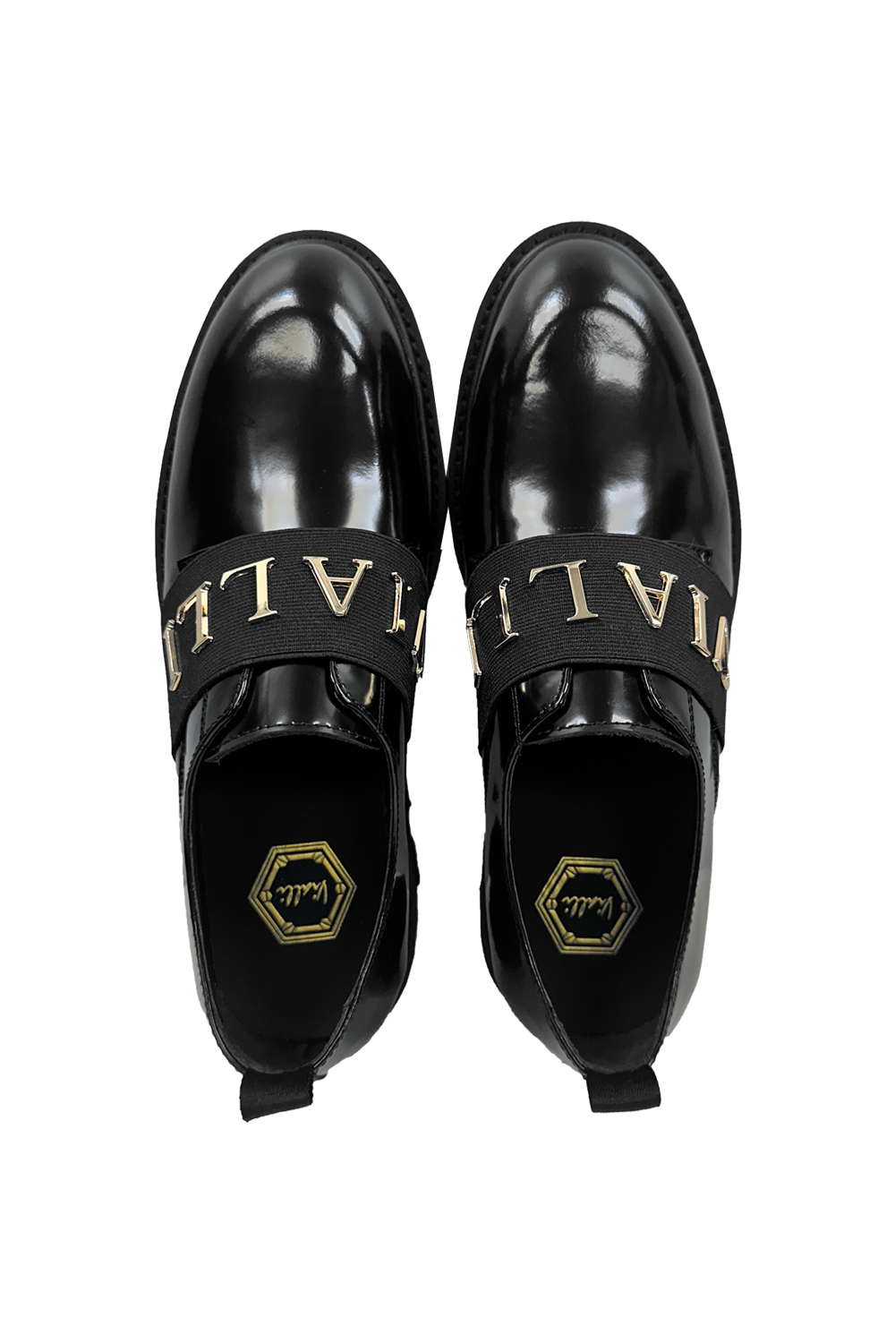 Vialli Uscita Men's Black Glossy Dress Sneakers with Gold Accents