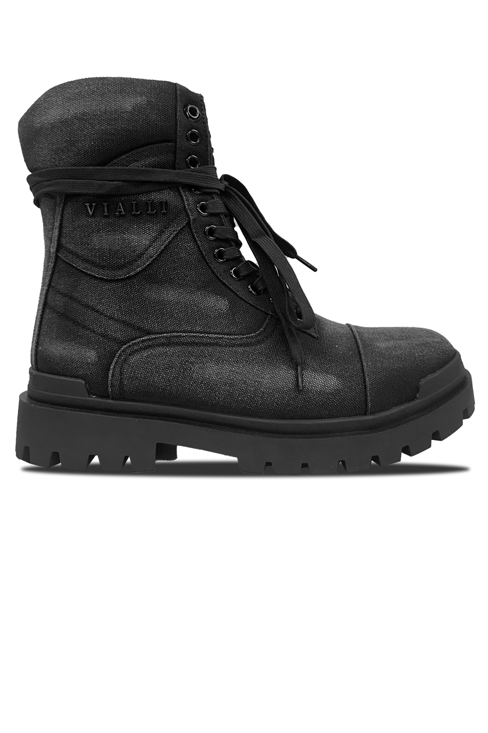 Vialli Mezzo Hi-Boot: Stylish Black Lace-Up Denim Boots with Side Zipper