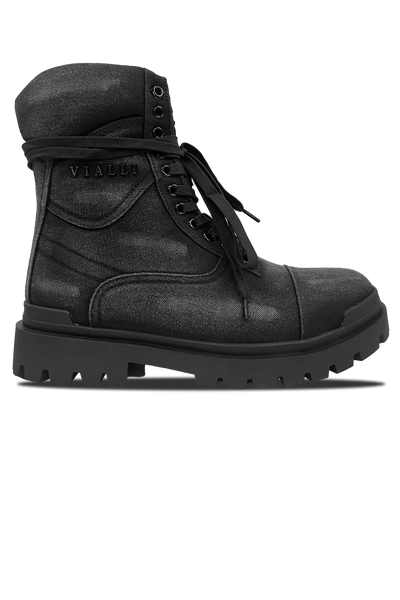Vialli Mezzo Hi-Boot: Stylish Black Lace-Up Denim Boots with Side Zipper