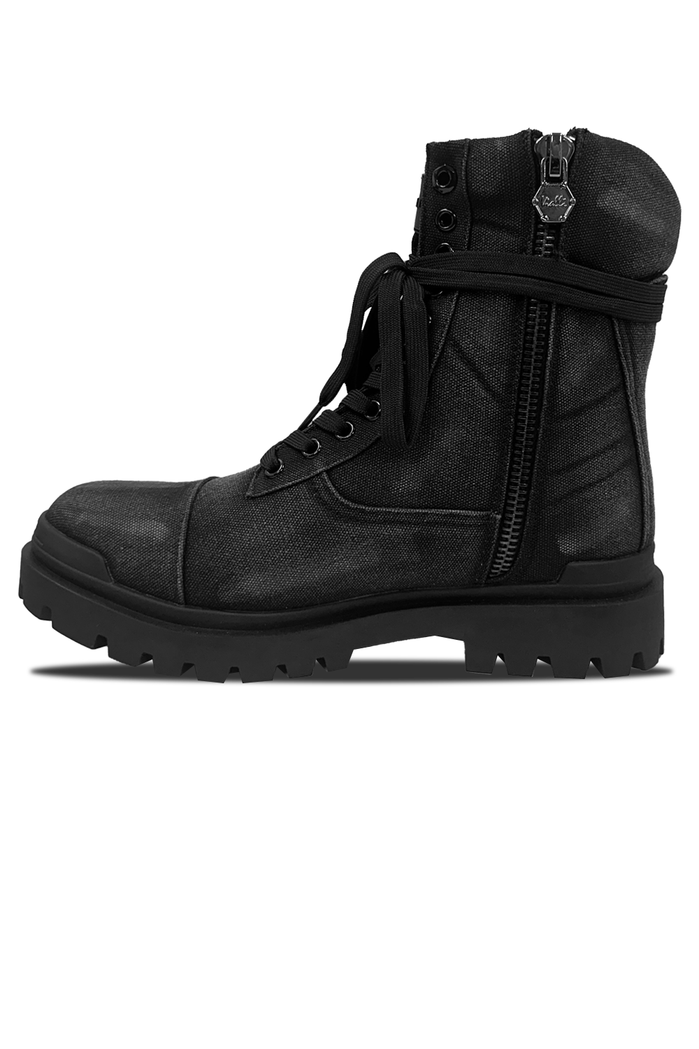 Vialli Mezzo Hi-Boot: Stylish Black Lace-Up Denim Boots with Side Zipper