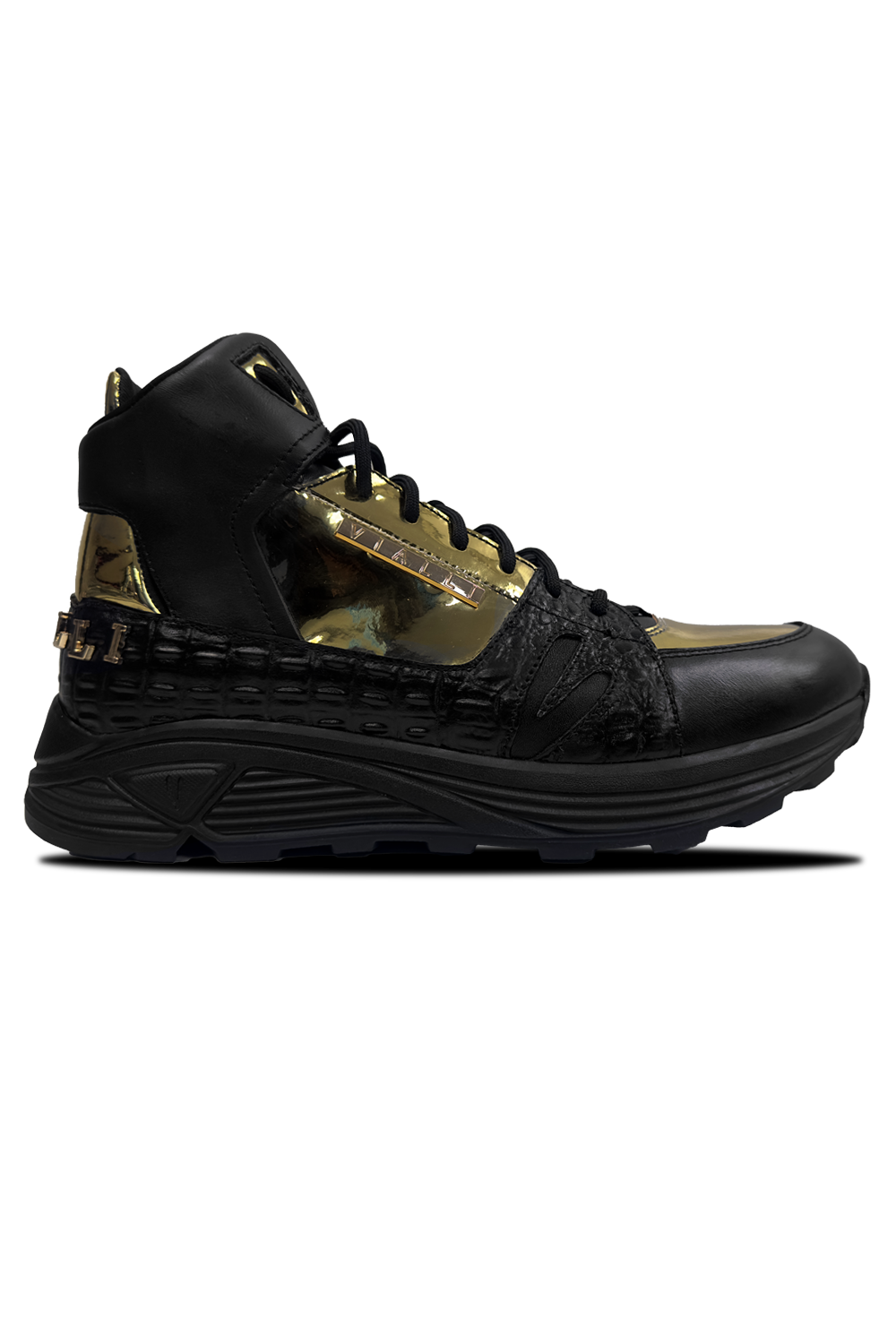 Vialli Matteo Mid Boots: Black and Gold Mid-Calf Lace-Up Luxury Footwear