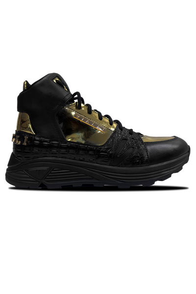 Vialli Matteo Mid Boots: Black and Gold Mid-Calf Lace-Up Luxury Footwear