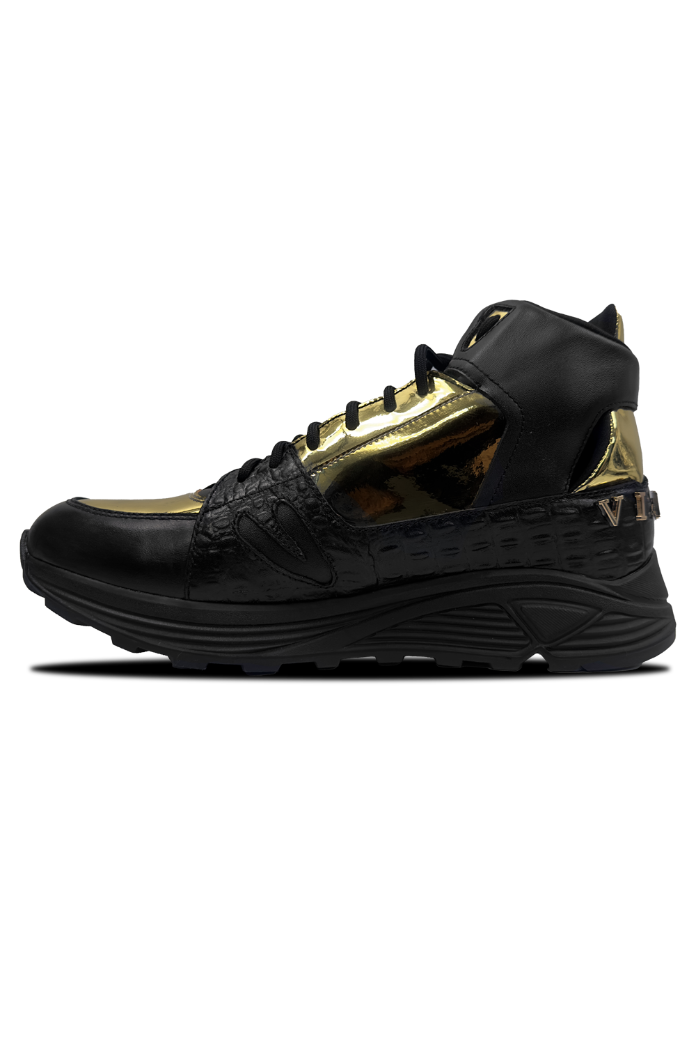 Vialli Matteo Mid Boots: Black and Gold Mid-Calf Lace-Up Luxury Footwear