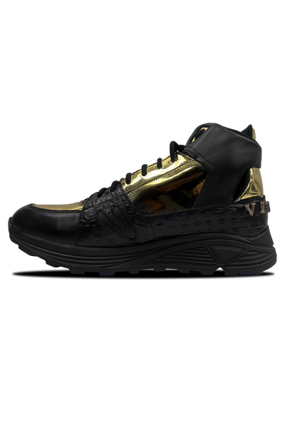 Vialli Matteo Mid Boots: Black and Gold Mid-Calf Lace-Up Luxury Footwear