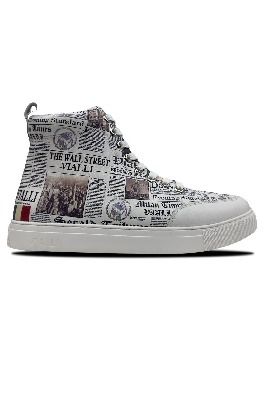 Vialli Leonardo Mid Boot: Stylish White Footwear with Unique Newspaper Print