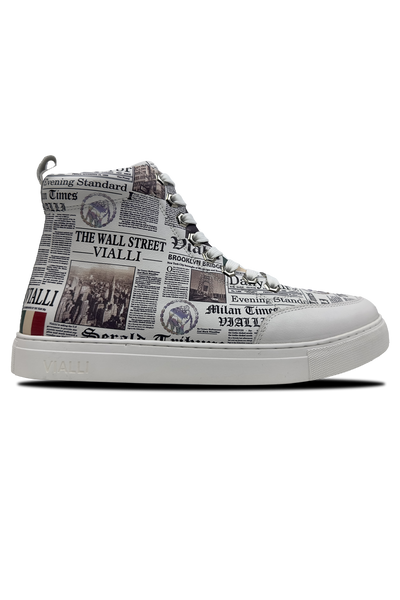 Vialli Leonardo Mid Boot: Stylish White Footwear with Unique Newspaper Print