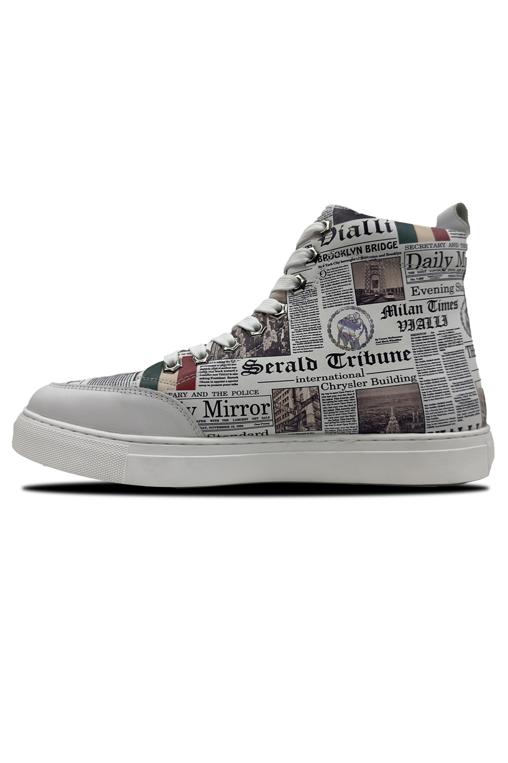 Vialli Leonardo Mid Boot: Stylish White Footwear with Unique Newspaper Print