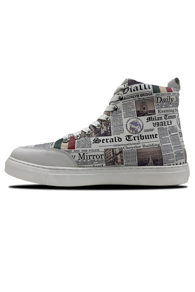 Vialli Leonardo Mid Boot: Stylish White Footwear with Unique Newspaper Print